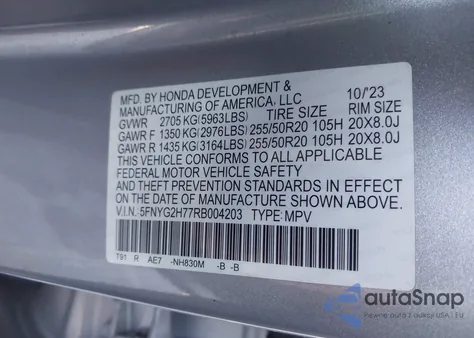2024 Honda Pilot Touring z USA, uszkodzony, nr VIN 5FNYG2H77RB004203